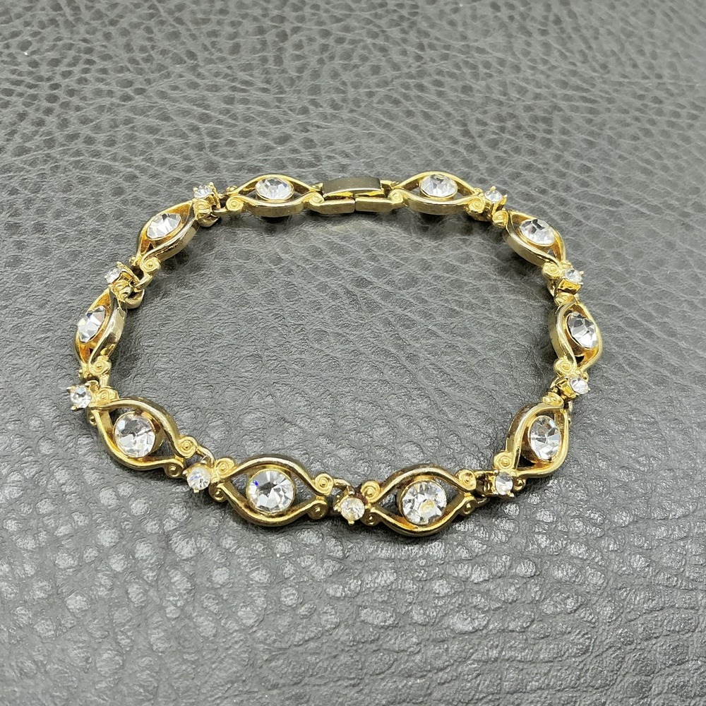 Bracelet Gold Tone White Rhinestone Tennis Box Clasp‎ Womens Fashion Jewelry
